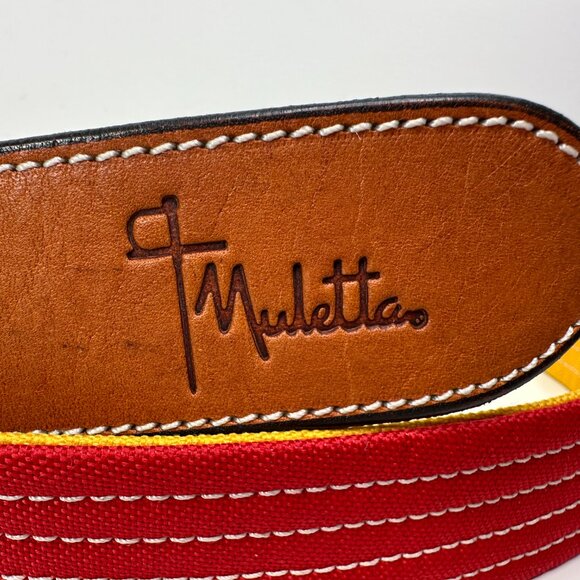 Muletta Men 34 Red Yellow Canvas Brown Leather Belt - Picture 2 of 6